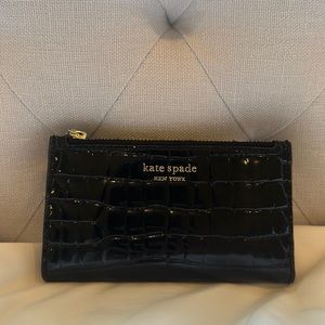 Kate Spade Spencer black embossed croc leather small slim bifold wallet
